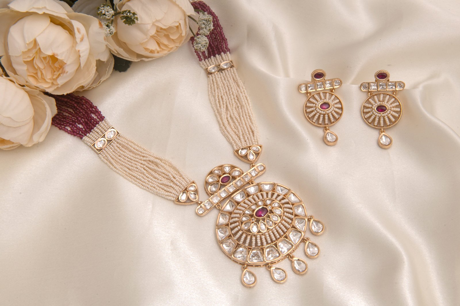 24 Carat Gold Polished Heritage Maroon White Rani Haar with Big Surya Pendant - Image 4