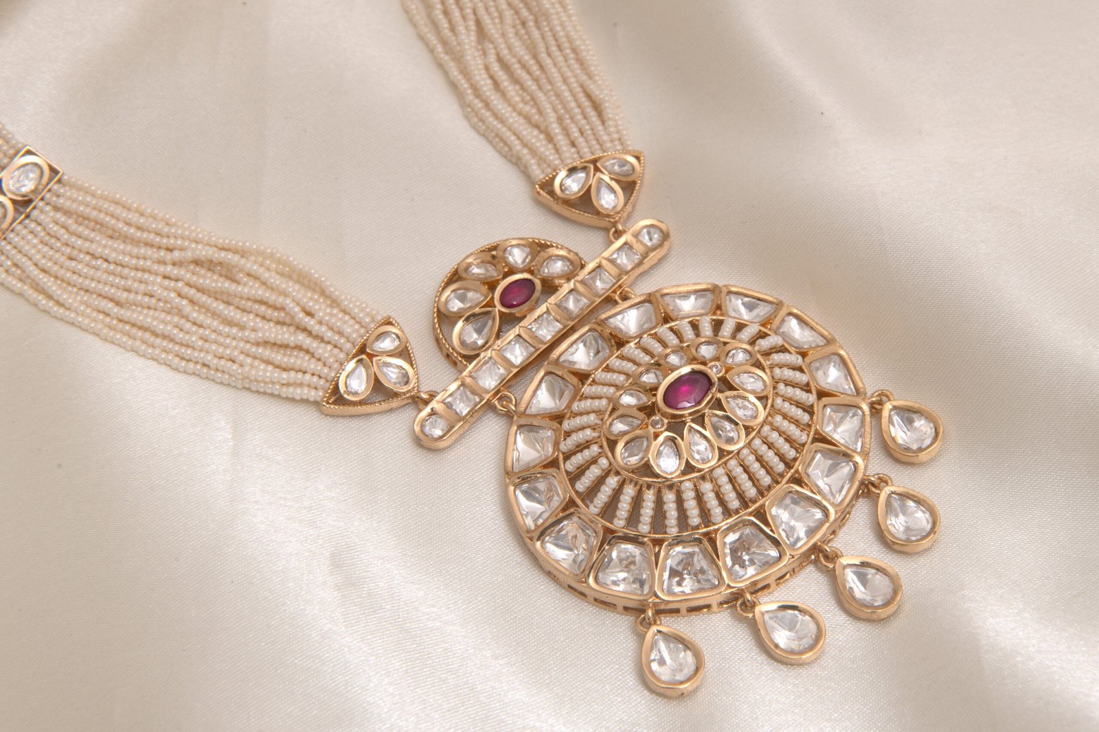 24 Carat Gold Polished Heritage Maroon White Rani Haar with Big Surya Pendant - Image 2