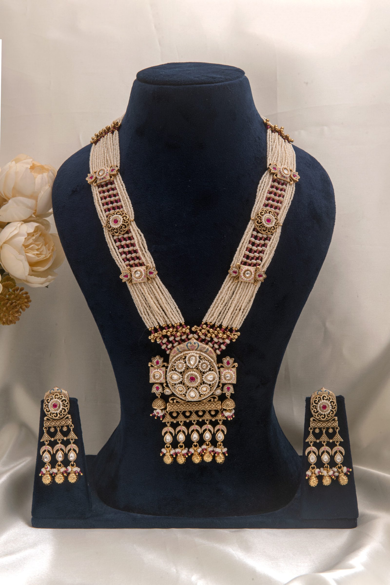22kt Gold Polish Rajwadi Moti Long Rani Haar Set with Earrings