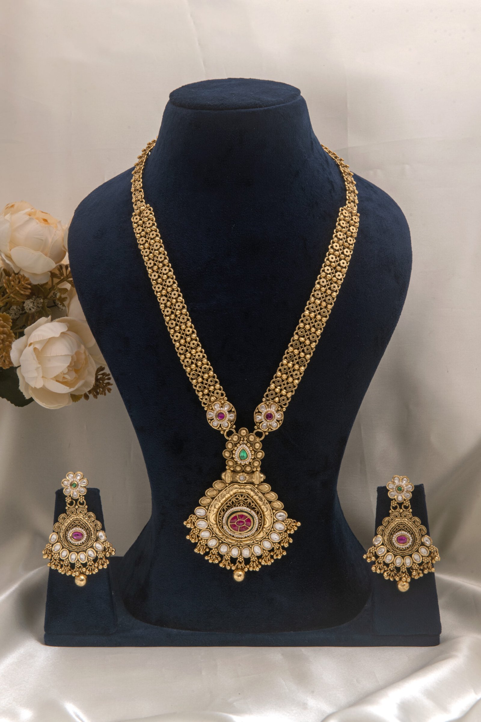 24 Carat Gold Polish Royal Rajwadi Rani Haar Long Necklace Set with Earrings