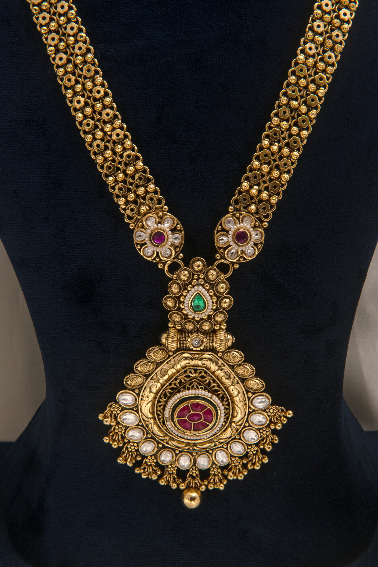 24 Carat Gold Polish Royal Rajwadi Rani Haar Long Necklace Set with Earrings - Image 3