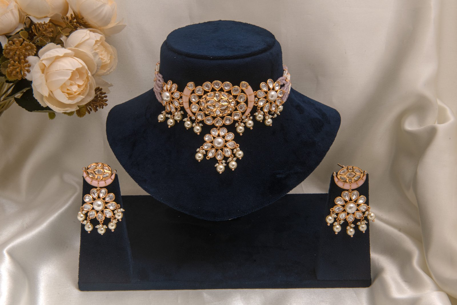 Rajwadi Kundan Polki Chokar Set-22kt Antique Gold Plated with Pearl Drops