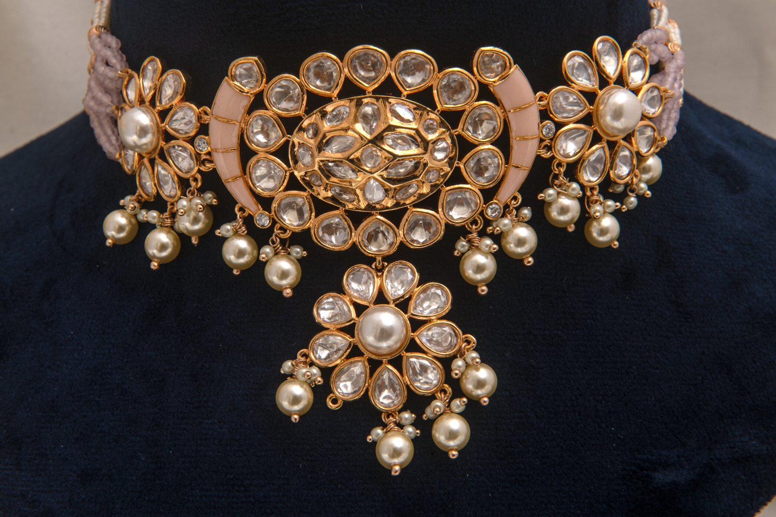 Rajwadi Kundan Polki Chokar Set-22kt Antique Gold Plated with Pearl Drops - Image 3