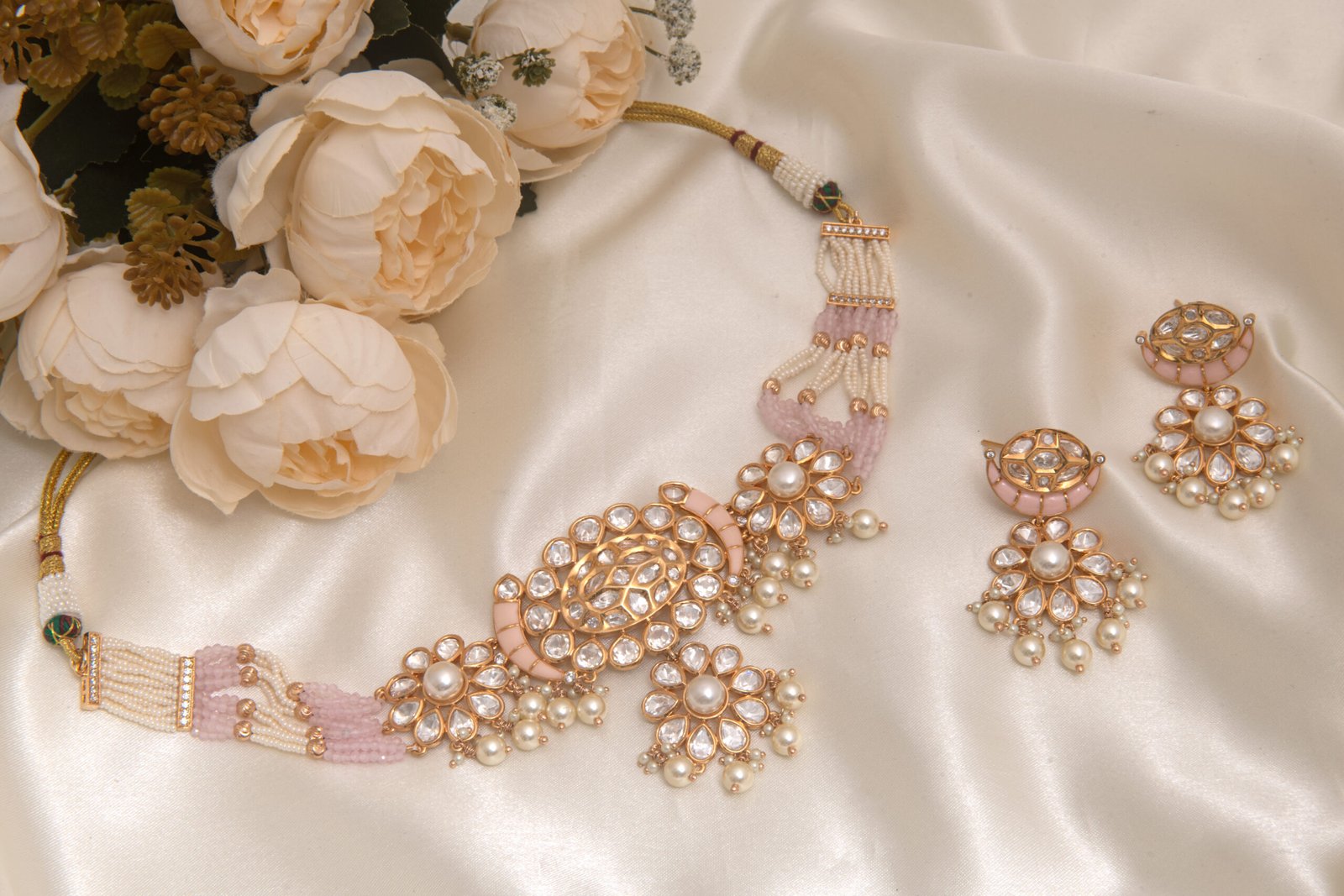 Rajwadi Kundan Polki Chokar Set-22kt Antique Gold Plated with Pearl Drops - Image 6