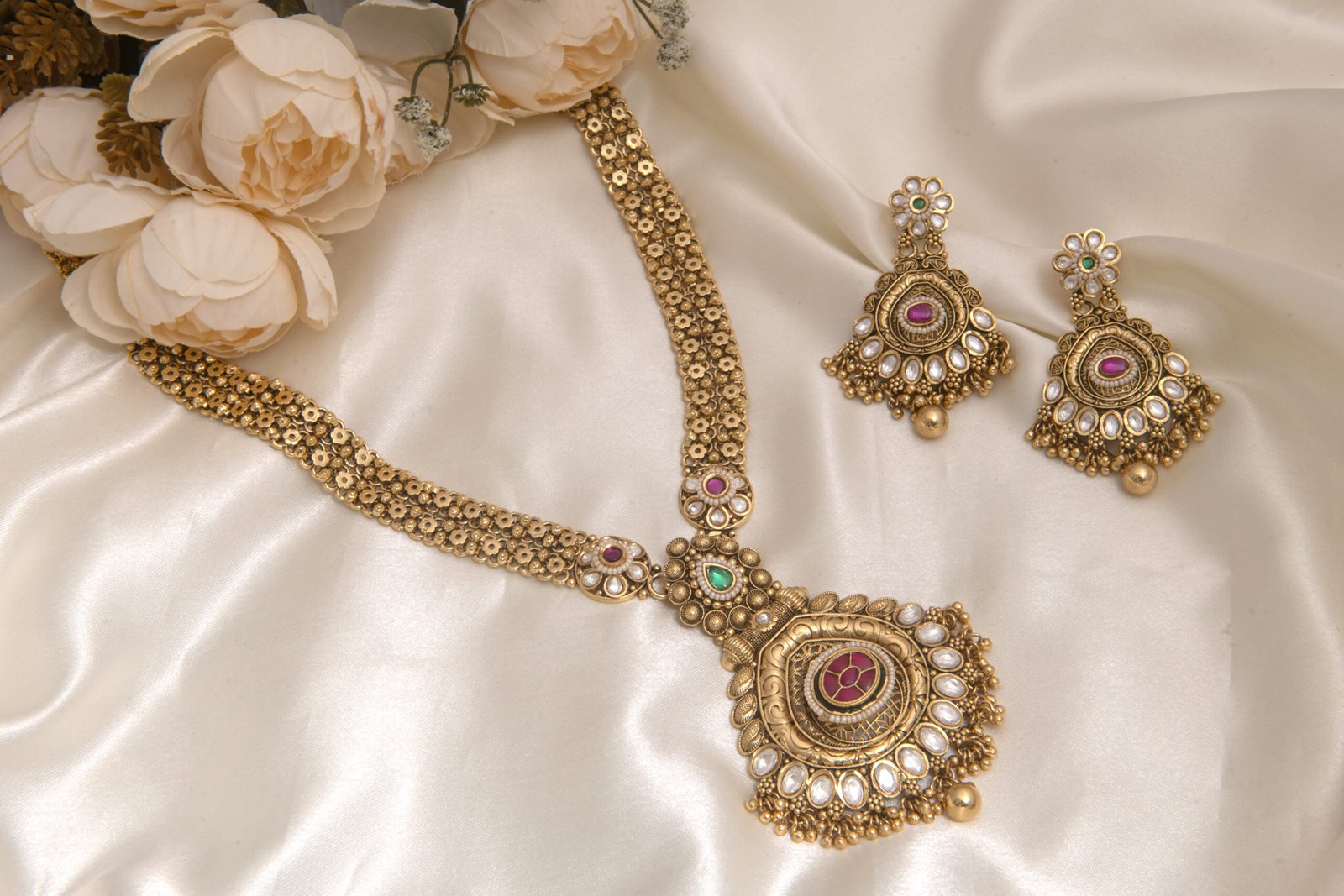 24 Carat Gold Polish Royal Rajwadi Rani Haar Long Necklace Set with Earrings - Image 6