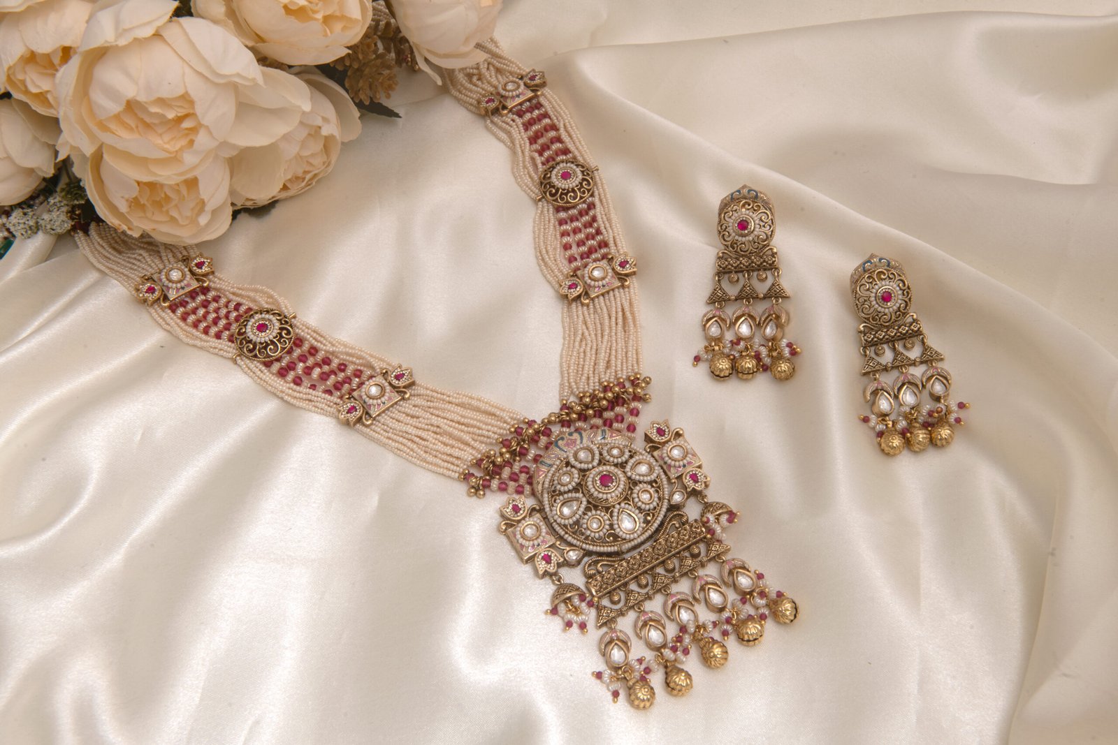 22kt Gold Polish Rajwadi Moti Long Rani Haar Set with Earrings - Image 4