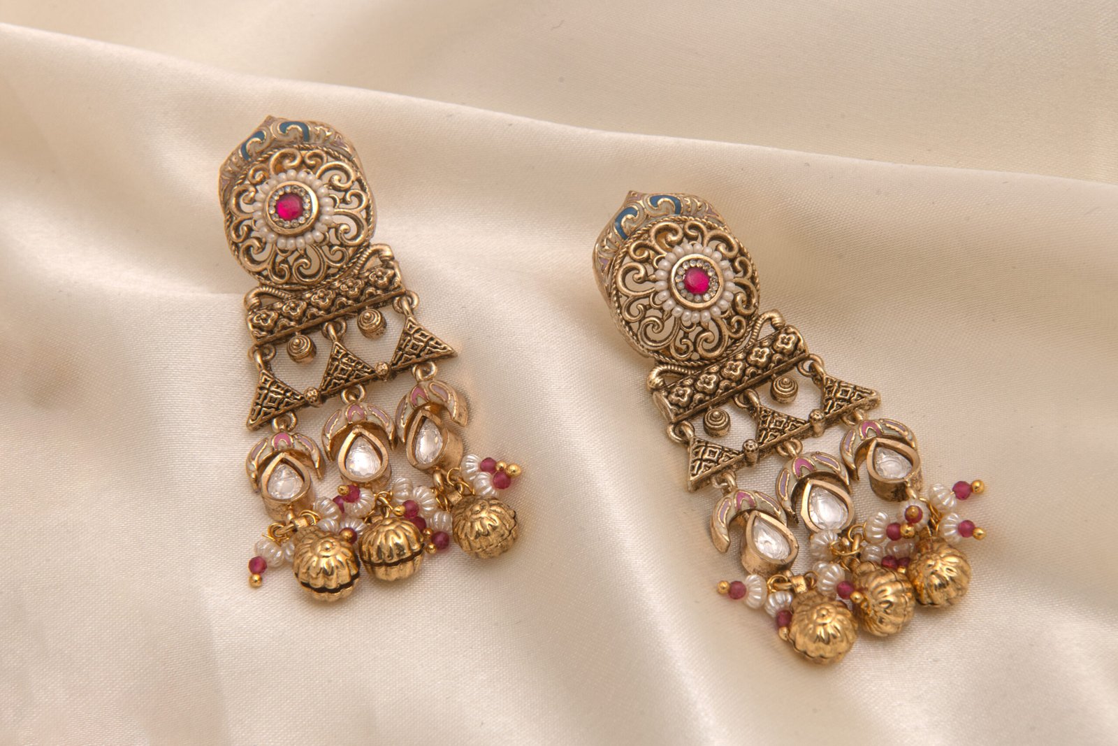 22kt Gold Polish Rajwadi Moti Long Rani Haar Set with Earrings - Image 3